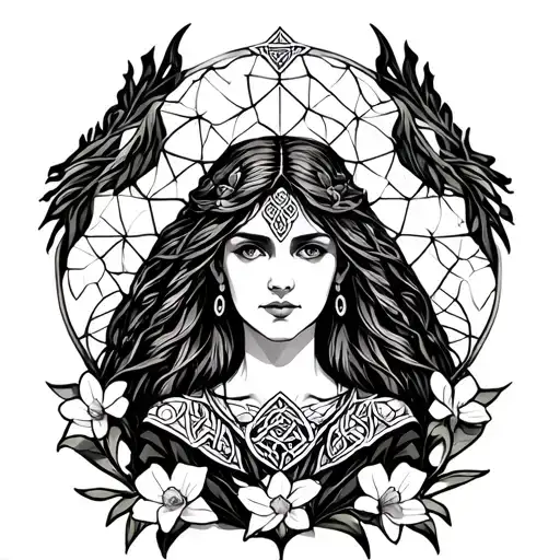 Celtic Goddess, Rhiannon. surrounded by gates and daffodils tattoo design idea