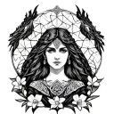 Celtic Goddess, Rhiannon. surrounded by gates and daffodils tattoo design idea