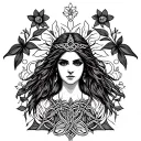 Celtic Goddess, Rhiannon. surrounded by gates and daffodils tattoo design idea