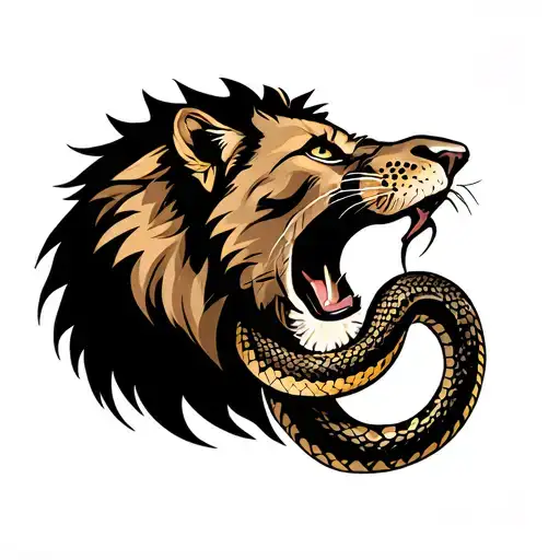 lion in panther stance with snake inside mouth full body tattoo design idea