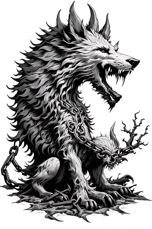 chained fenrir and yggdrassil from norse mythology but not combined together  symbolizing life and death tattoo design idea