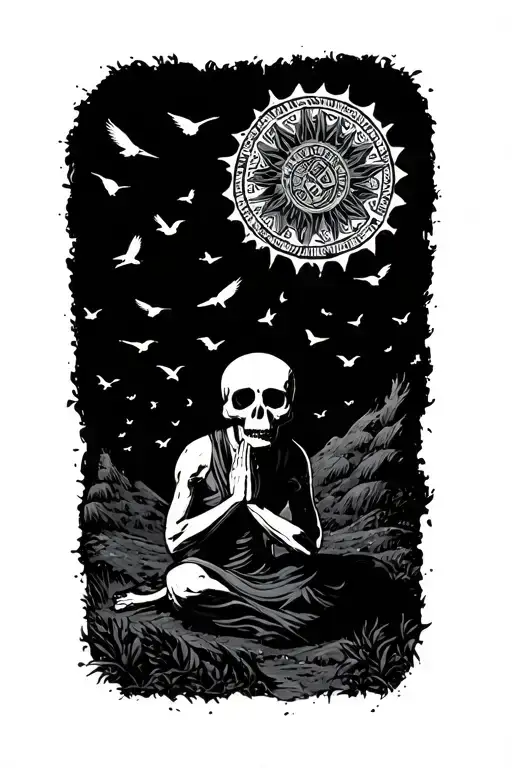 praying Skelton in a dark landscape with small black birds and the sun with an Aztec theme  tattoo design idea