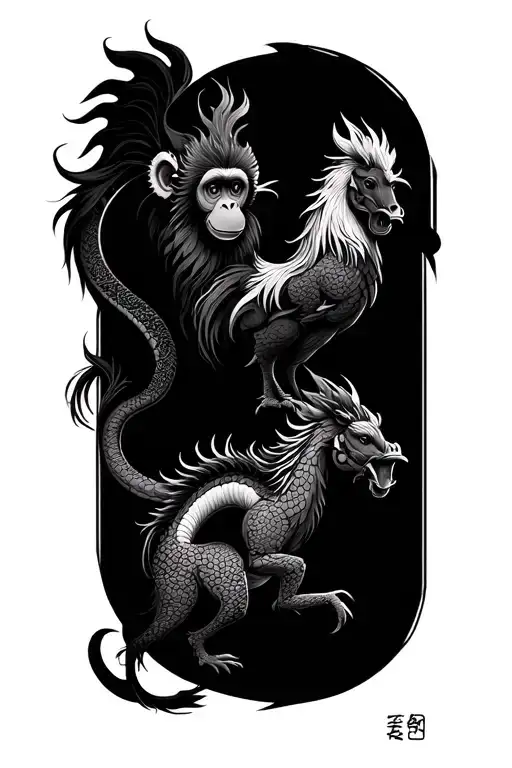 Chinese inspired zodiac tattoo for with a monkey, dragon, rooster, and horse  tattoo design idea