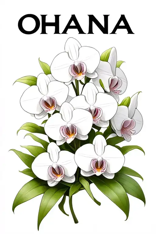 the word OHANA on a bunch of white orchids intertwined tattoo design idea