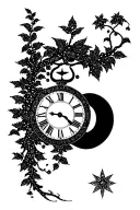 clocks, vines, plants, trees, aum tattoo design idea