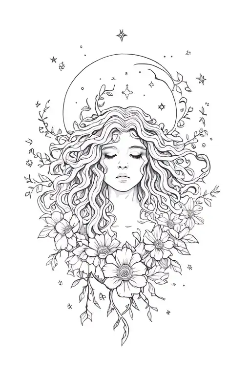 medusa crying ,flowers,vines,moon and stars sleeve tattoo design idea