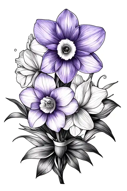  design a fine line spine tattoo with a violet (February), a daffodil (March), a tattoo design idea
