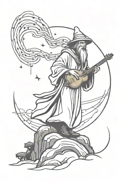 a musical wizard with braided hair standing on a magical hilltop casting spells of music  tattoo design idea
