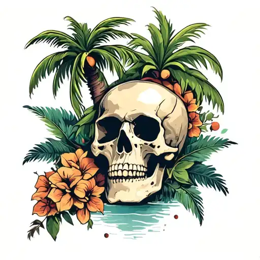 palm tree and skull tattoo design idea