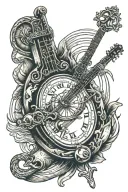 banjo with anchor and rope as head part. compass as body part. Roman numeral 4.13.2013 sea waves surrounding the banjo tattoo design idea