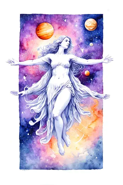 nebula with floating woman, arms outspread. mercury and venus planets in the background and the gemini and taurus astrol tattoo design idea