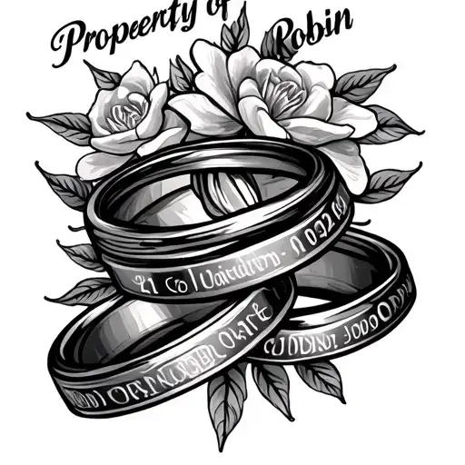 "Property of Robin" name with wedding rings and date tattoo design idea