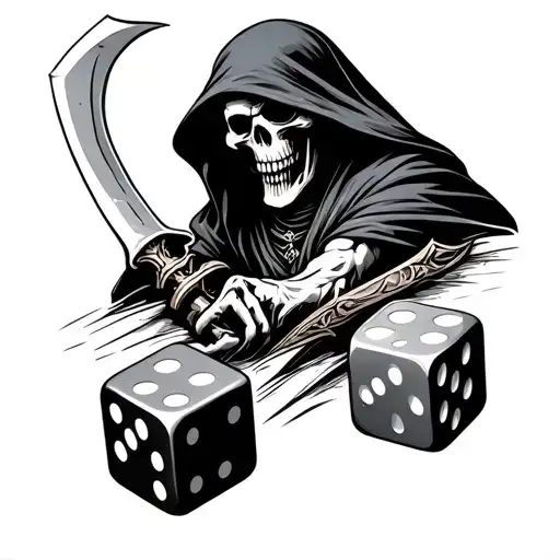grim reaper rolling 2 dice with sythe also tattoo design idea