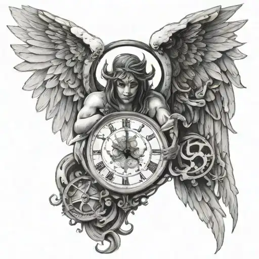 angel and demon with wings and clock surrounded tattoo design idea