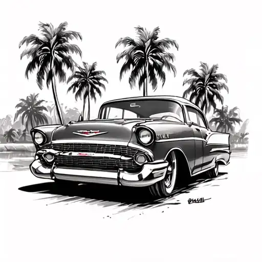 Chevy bel air with palm trees background looking tattoo design idea