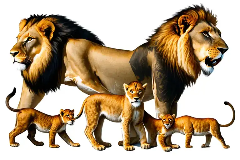 lion and lioness with 3 cubs tattoo design idea