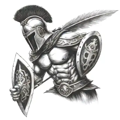 Black and white Spartan warrior bare chest standing up straight ready for battle with shield and spear in each hand tattoo design idea