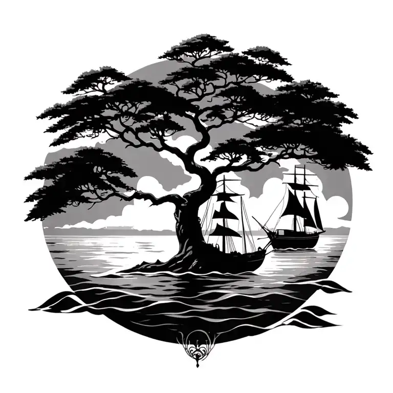 life tree with a sailing boat tattoo design idea