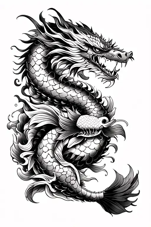 right Arm sleeve with a japanese dragon on the shoulder area as well as a samurai and koi fish  tattoo design idea