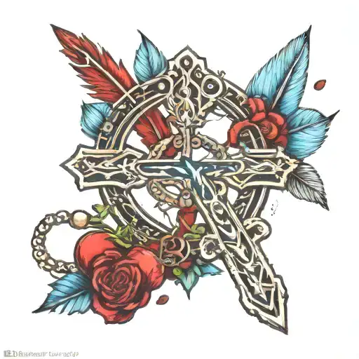 rosary infinity symbol. red heart with fingerprint, crown of thorns with blood, blue feather  tattoo design idea