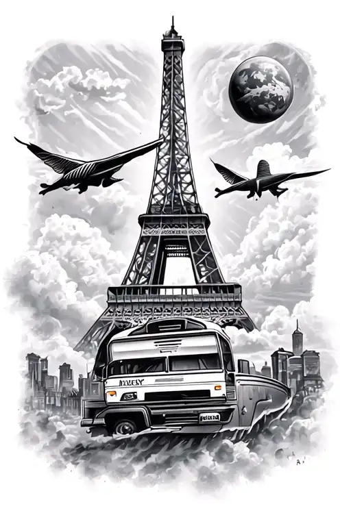 air bus and eifel tower on upper arm sliced into arm bands with space between tattoo design idea