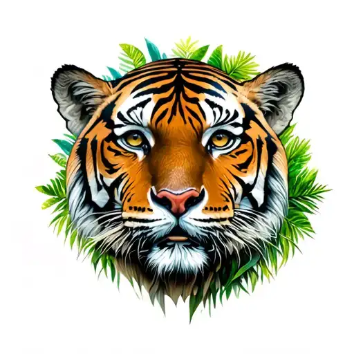 Tiger face surrounded by jungle forest with trees tattoo design idea