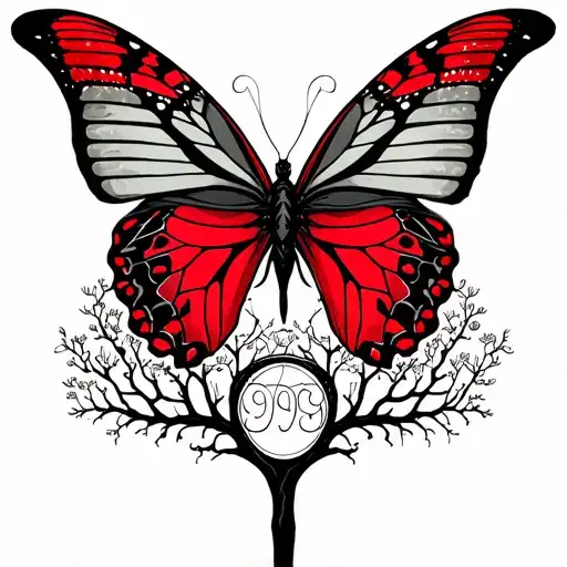 red and black butterfly with tree of life and 999 tattoo tattoo design idea