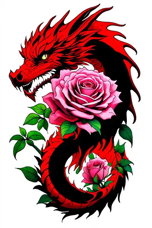 pink roses i with no leaves ntertwined with fire red dragon outlined in black ink  tattoo design idea