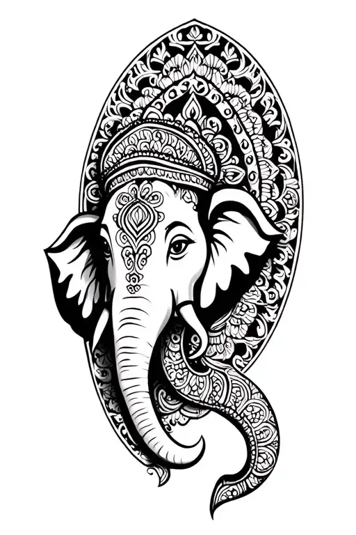 ganesha elephant head with ornamental mandala style oval design tattoo design idea