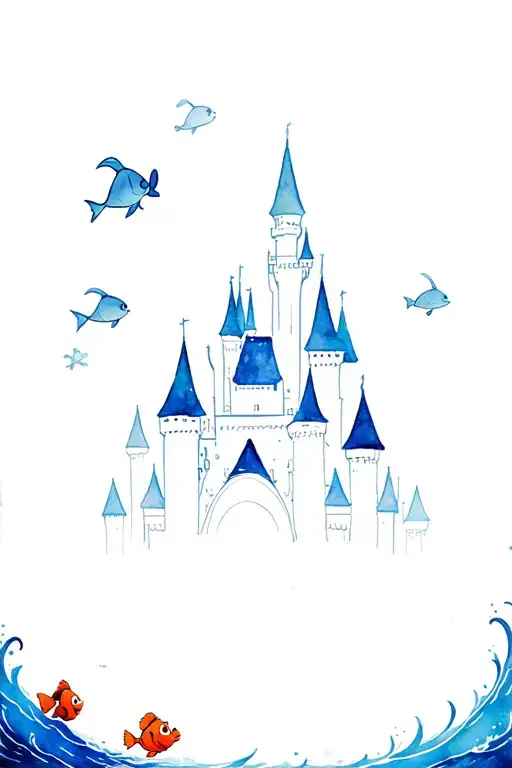disney castle surrounded with Disney characters surrounded. Ocean at the bottom with Flounder, Ariel, Sebastian and Nemo tattoo design idea
