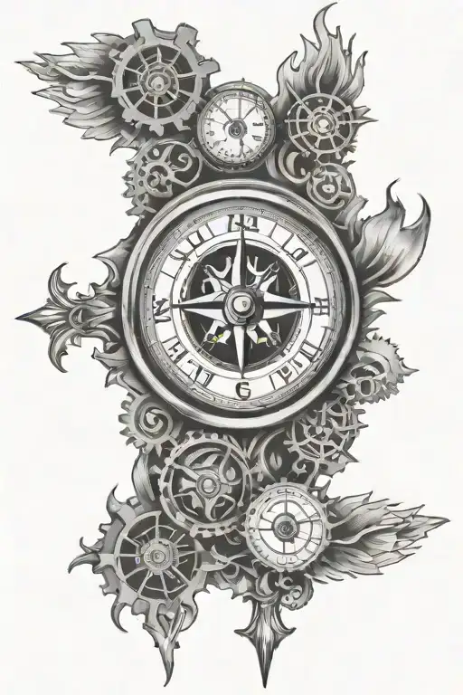 compass, gears, clock face, fire flames tattoo design idea