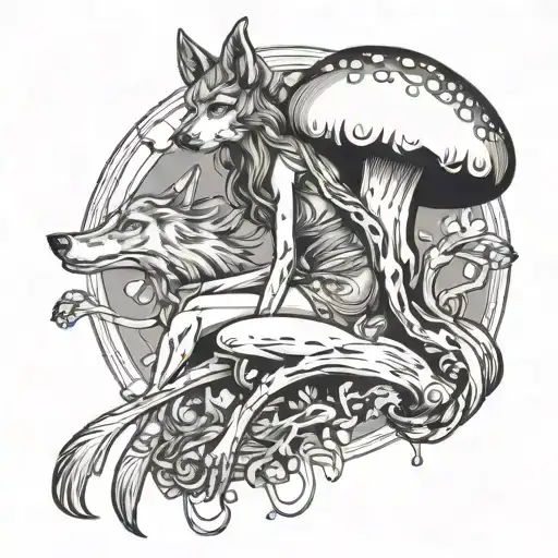 wolf legs and fairy mushroom head upper body female tattoo design idea