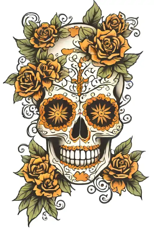 sugar skull, marigold eyes tattoo design idea