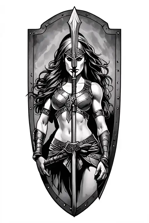 ares as a female spartan with spear and shield adorned tattoo design idea