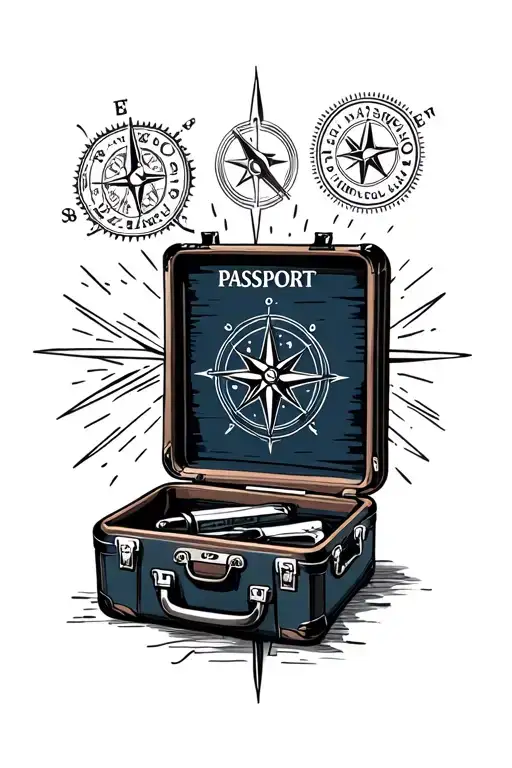 travel passport stamps suitcase compass rose tattoo design idea