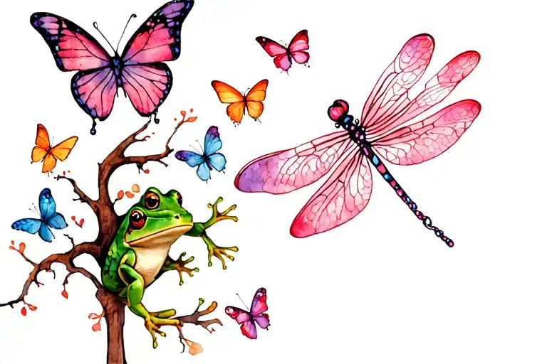 memorial tree with butterflies, dragonflies and frogs tattoo design idea