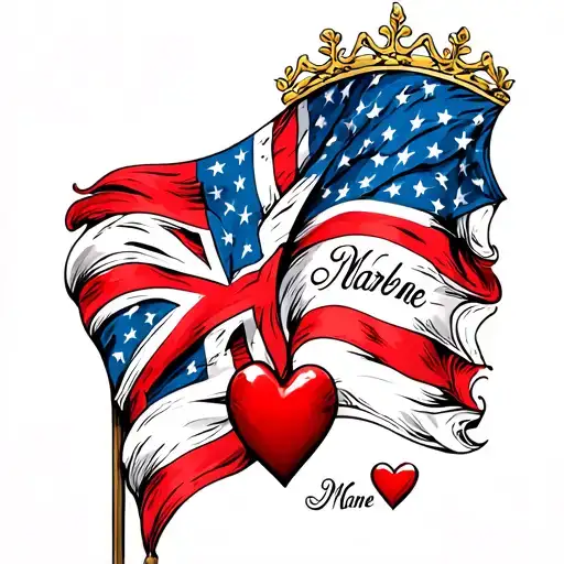 A tattoo design featuring a beautiful Danish flag intertwined with the American flag, with the name 'Marlene' in elegant script, a heart representing your love for her, and two smaller hearts symbolizing your children tattoo design idea