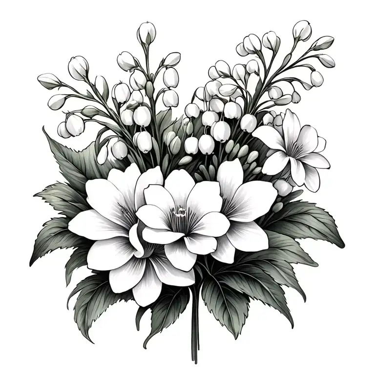 Lily of the valley, morning glory, water lily,  forget me not bouquet  tattoo design idea