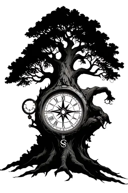 A large tree with a compass and a clock tattoo design idea