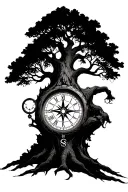 A large tree with a compass and a clock tattoo design idea