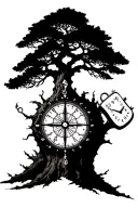 A large tree with a compass and a clock tattoo design idea