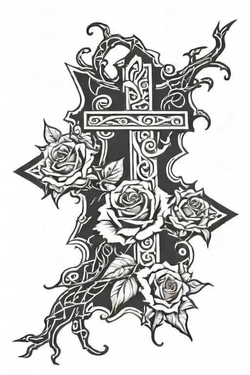 The word "Ðəz" inside of a cross wrapped in a rose covered in thorns with a water ripple at the bottom of the cross tattoo design idea
