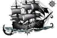 pirate ship, anchor, compass, tentacles tattoo design idea