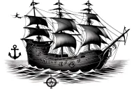 pirate ship, anchor, compass, tentacles tattoo design idea
