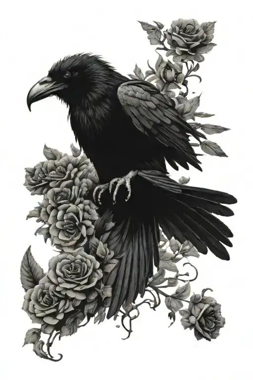 black raven with spreaded wings on top of a skull, surrounded with flowers tattoo design idea