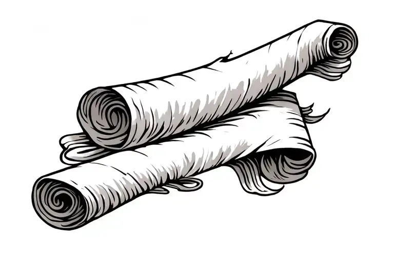 Tattoo design of a long, horizontal, ancient papyrus scroll, slightly torn and weathered at the edges, with curled ends  tattoo design idea
