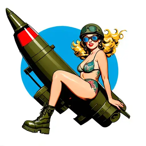 1940's pinup sitting on WWII missile, vintage bikini, combat boots, army helmet with goggles, blonde windblown tattoo design idea
