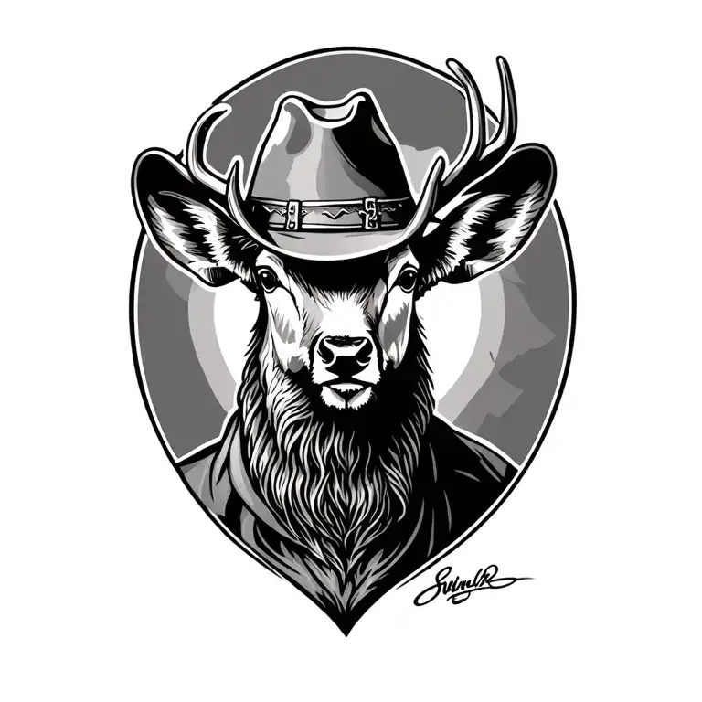 A tattoo of a buck's head with Arthur Morgan's cowboy gambler hat on its head tattoo design idea