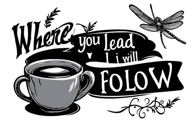 "where you lead, i will follow" with a coffee cup and dragon fly tattoo design idea