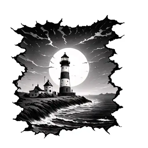 lighthouse under ripped skin tattoo design idea